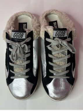 Golden Goose Super-Star Sabot Silver, Black & Cream Shearling Low-Tops